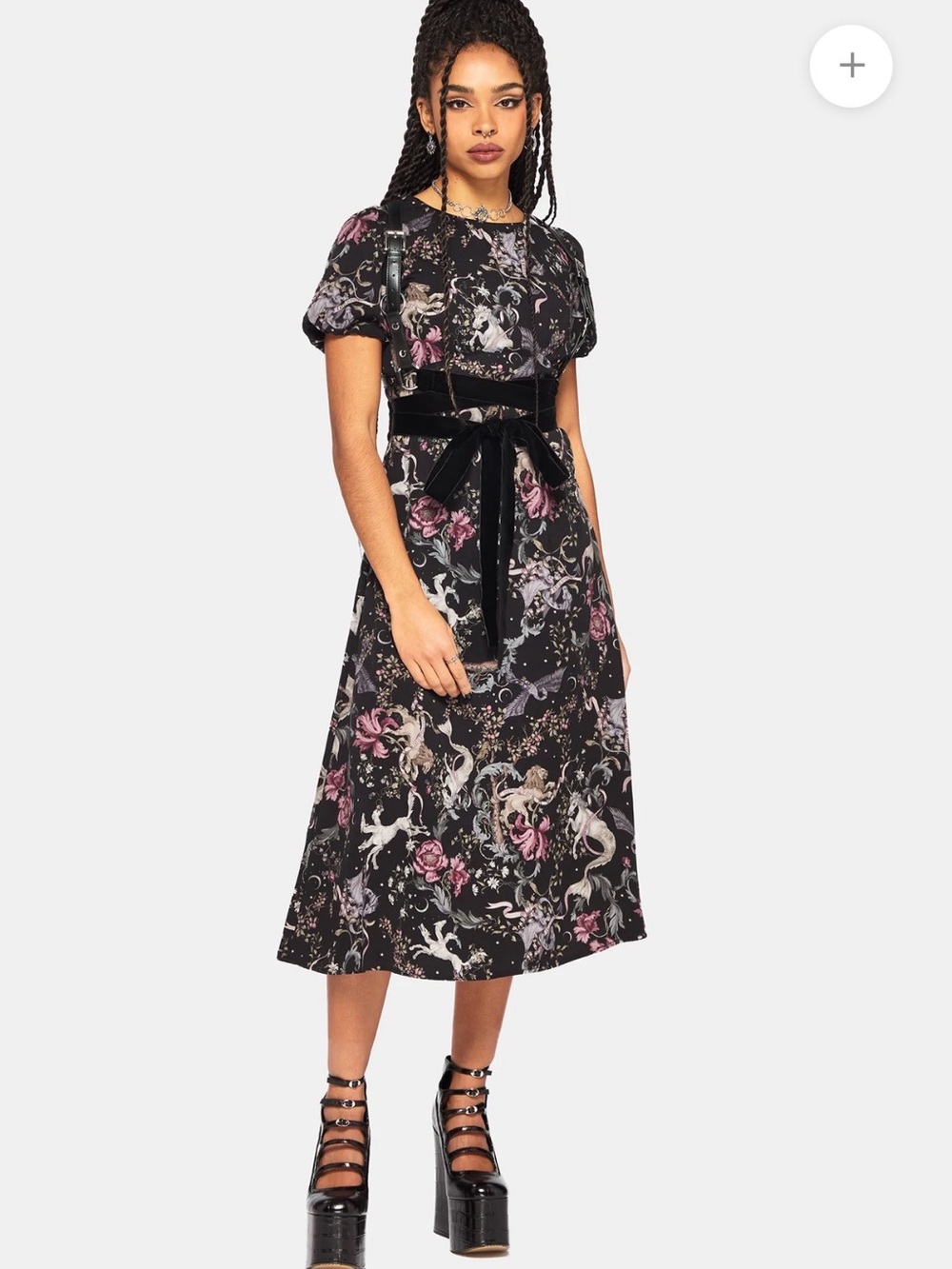 Disturbia Merunicorn Enchanted Forest Print Puff Sleeve Midi Dress